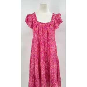 Xirena Cotton Silk Pink Yellow Floral Dress Square Neck Flutter Ruffle Midi S